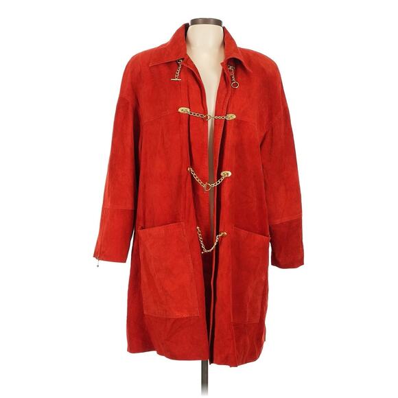 VTG suzelle Red Leather Suede Long Swing Coat Gold Toggles M - Picture 1 of 4